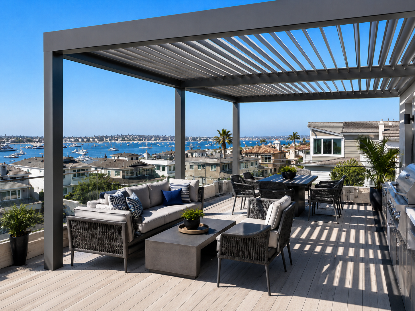 pergola in Newport Beach coastal backyard with aluminum patio cover