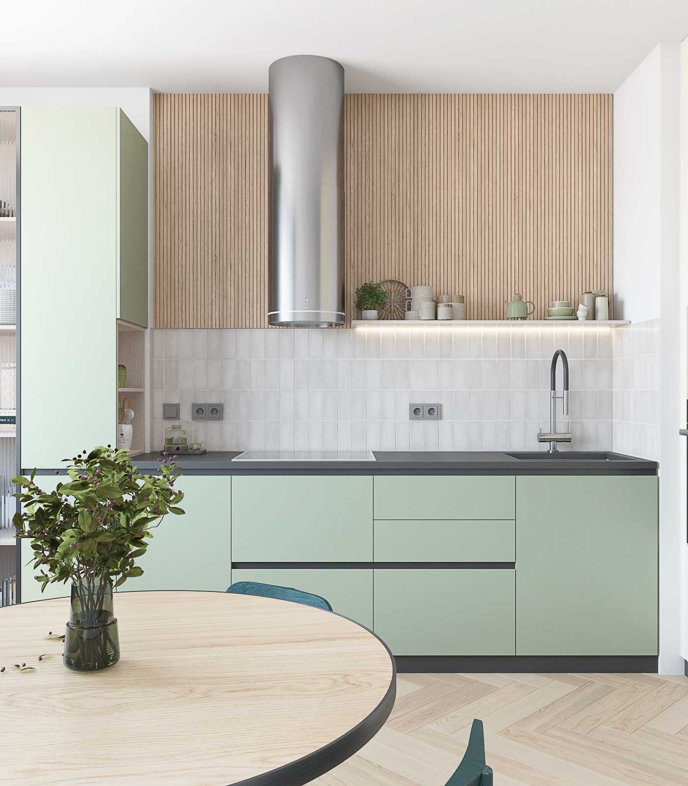 Кухня мятного цвета. Черная столешница, белая плитка над столешницей. деревянные панели. вытяжка цилиндр. 