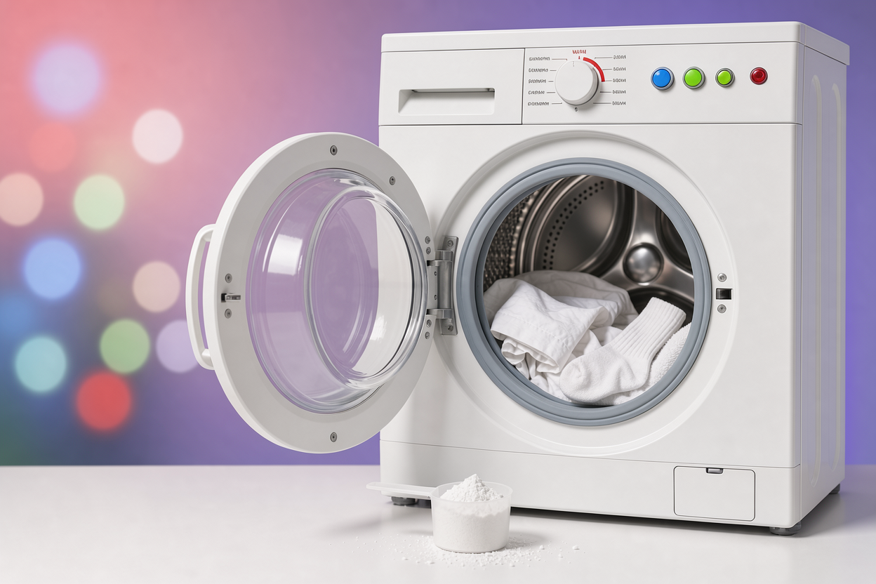 Open washing machine drum with white clothes and a temperature dial set to warm, measuring scoop nearby, no brand visible
