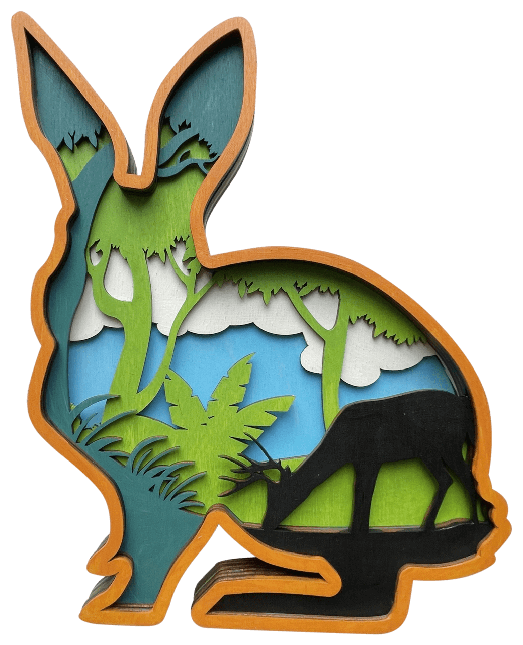 Eco-friendly DIY wooden puzzle for kids with bunny hare and blue skies and green nature forest