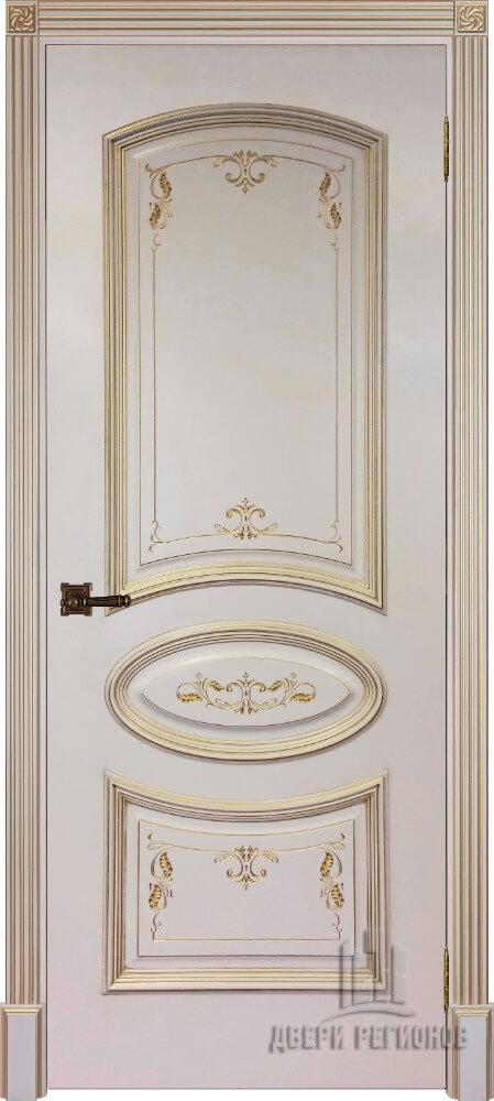 Дверь межкомнатная Багет 3 Патина золото глухая, цвет Эмаль слоновая кость RAL 9001