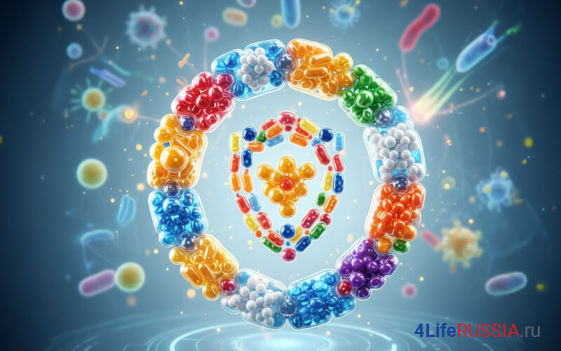 Символ иммунной защиты в виде щита из разноцветных капсул