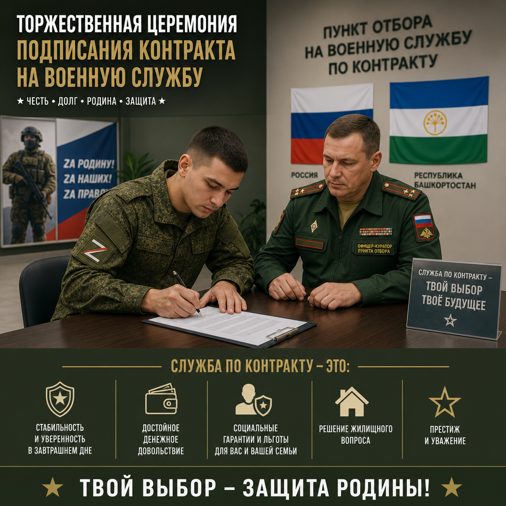Торжественная церемония подписания контракта на военную службу в пункте отбора — военнослужащий в форме ставит подпись под документом, рядом офицер-куратор, на стене флаг России и флаг Республики Башкортостан