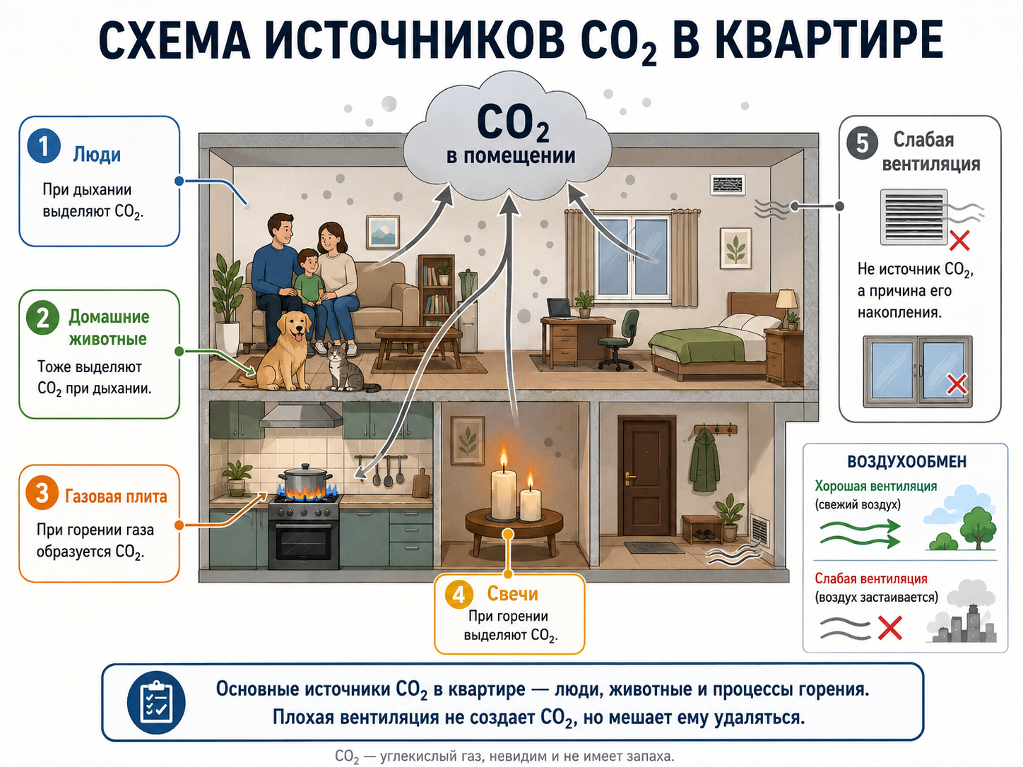 Схема источников CO₂ в квартире