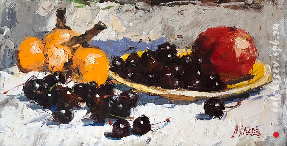 Medlar and cherry. Oil on canvas, 25x40 cm