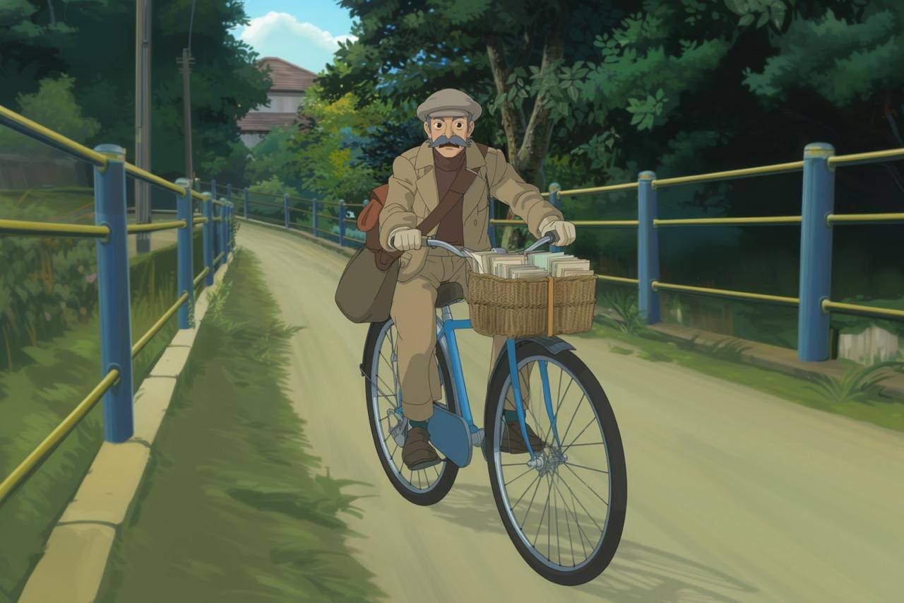 Простоквашино в стиле Ghibli - почтальон Печкин на велике