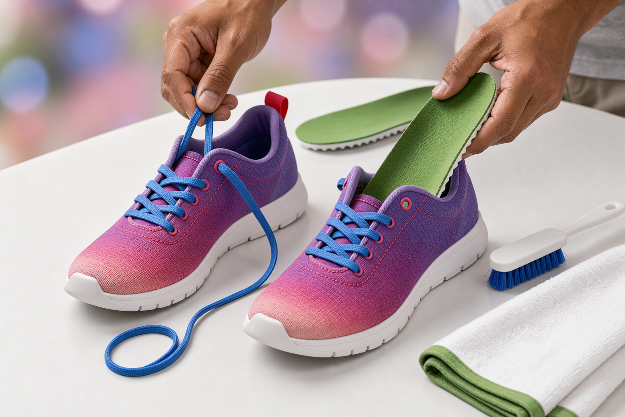 Close-up of hands removing laces and insoles from fabric sneakers on a laundry table with a small brush and a soft cloth nearby, preparation before washing