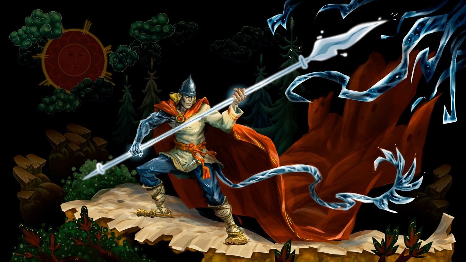 Постер игры Slavania: воин с копьём на фоне в стиле лаковой миниатюры