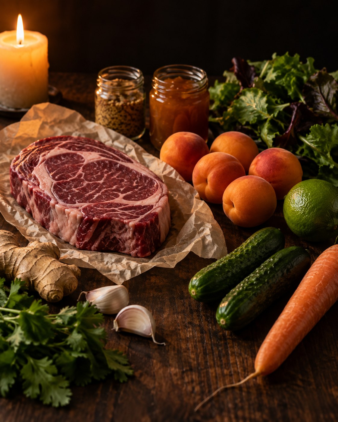 Ingredients for steak on an apricot salad: a ribeye, ginger, garlic, cilantro, a lime, apricots, cucumbers, a carrot, salad greens, grainy mustard and apricot jam on a dark wood table
