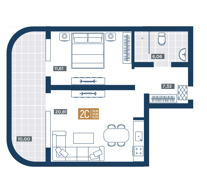 Планировка 2-комнатная 55.80 м²
