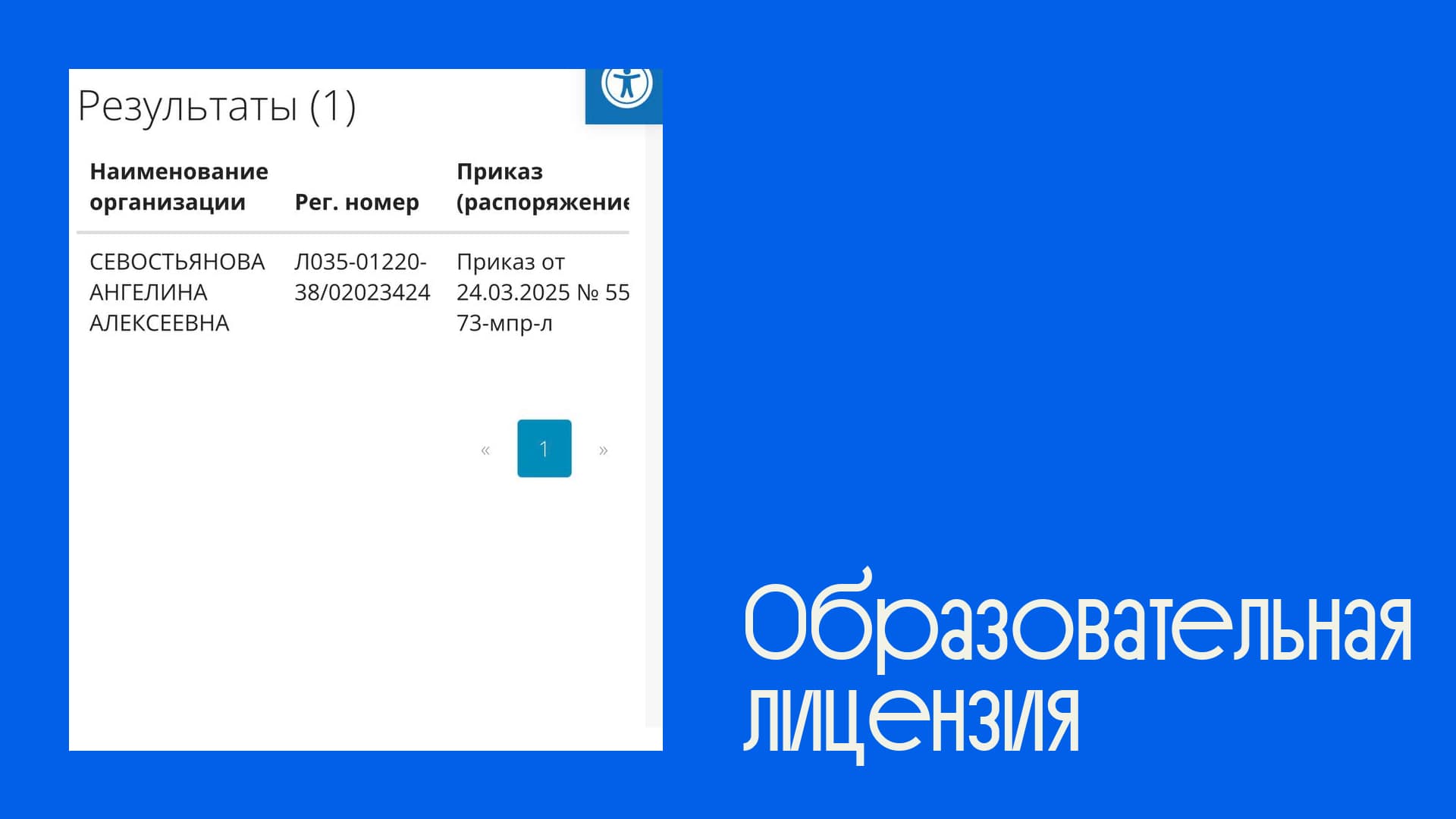 Фрагмент образовательной лицензии: регистрационная запись о включении преподавателя Ангелины Алексеевны Севастьяновой в реестр лицензированных образовательных организаций