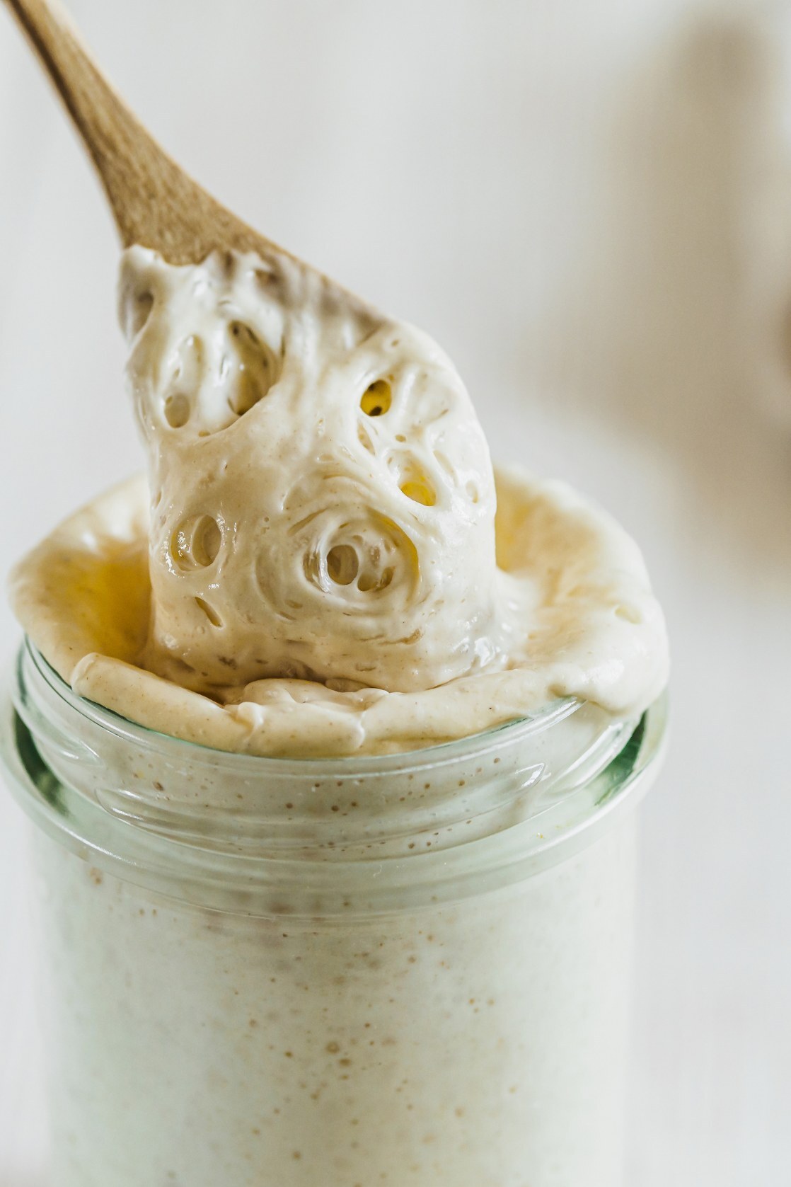 Levito Madre starter in a glass jar with healthy fermentation bubbles