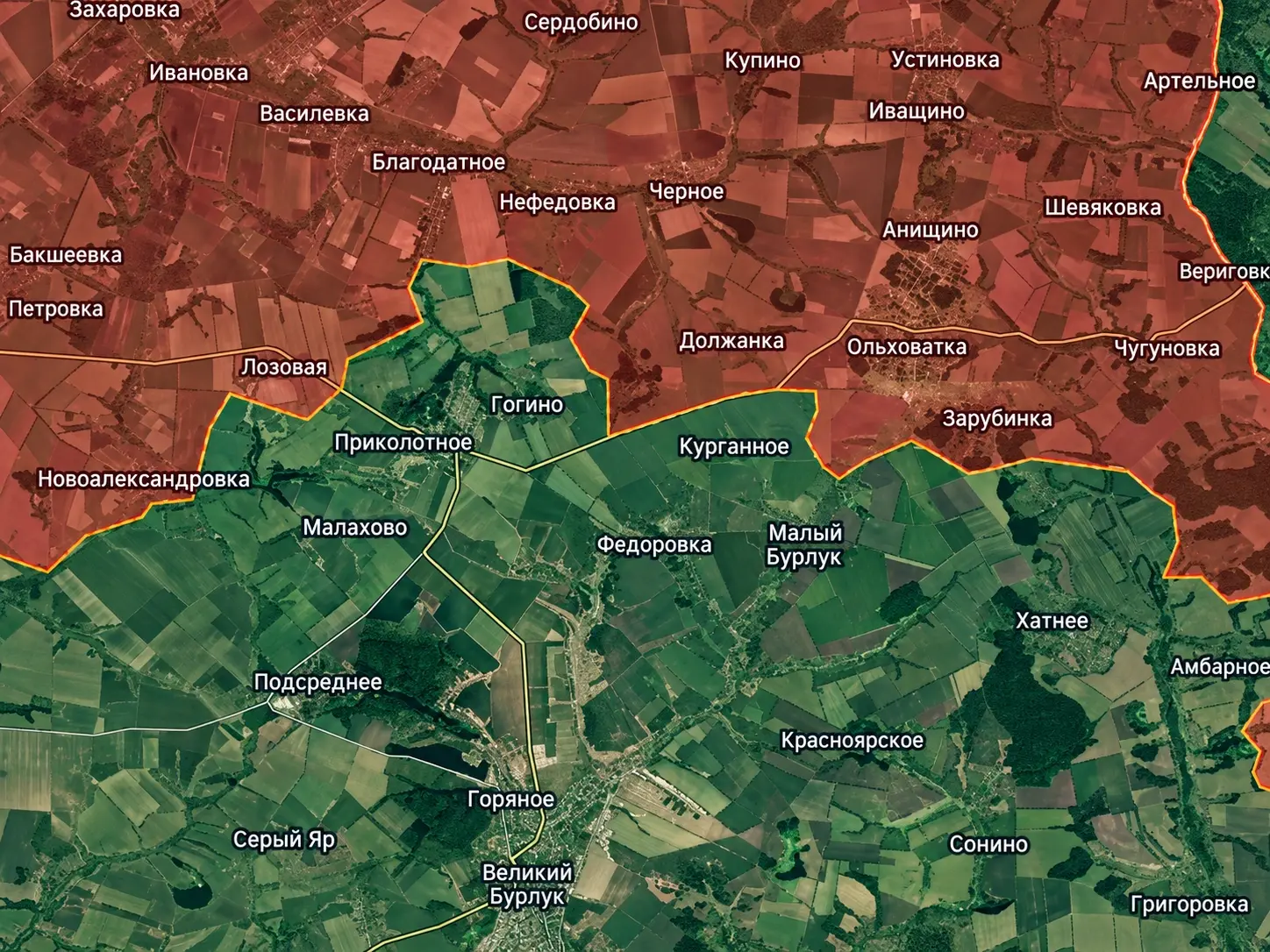 Спутниковая карта Великобурлукского направления: Приколотное, Гогино, Курганное, Малый Бурлук и Великий Бурлук