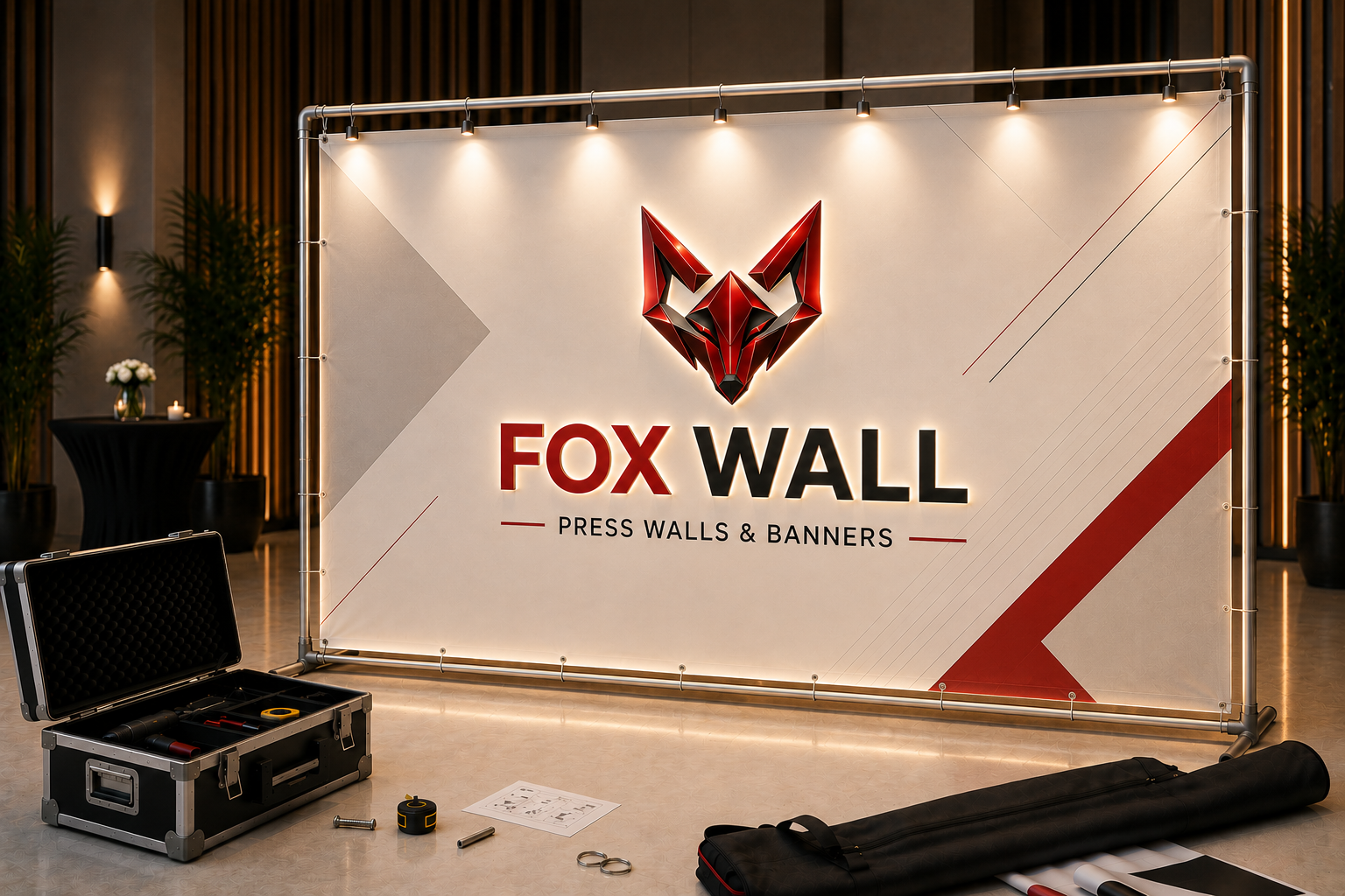 Монтаж — готовый пресс-вол FOX WALL на event-площадке с подсветкой