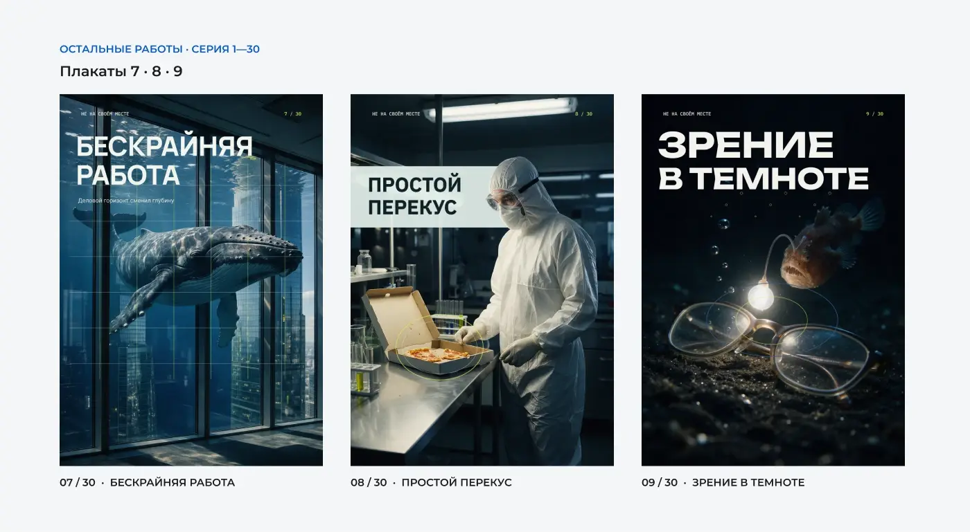 Плакаты: кит за стеклом офиса, перекус в стерильной лаборатории и очки на морском дне.