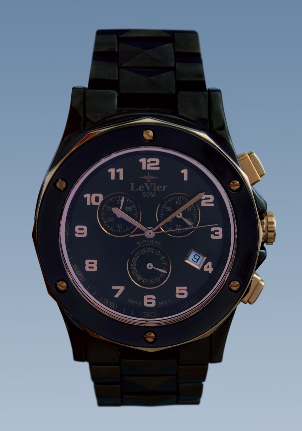 Мужские французские часы из керамики LeVier L 1627 M Bl/Gold