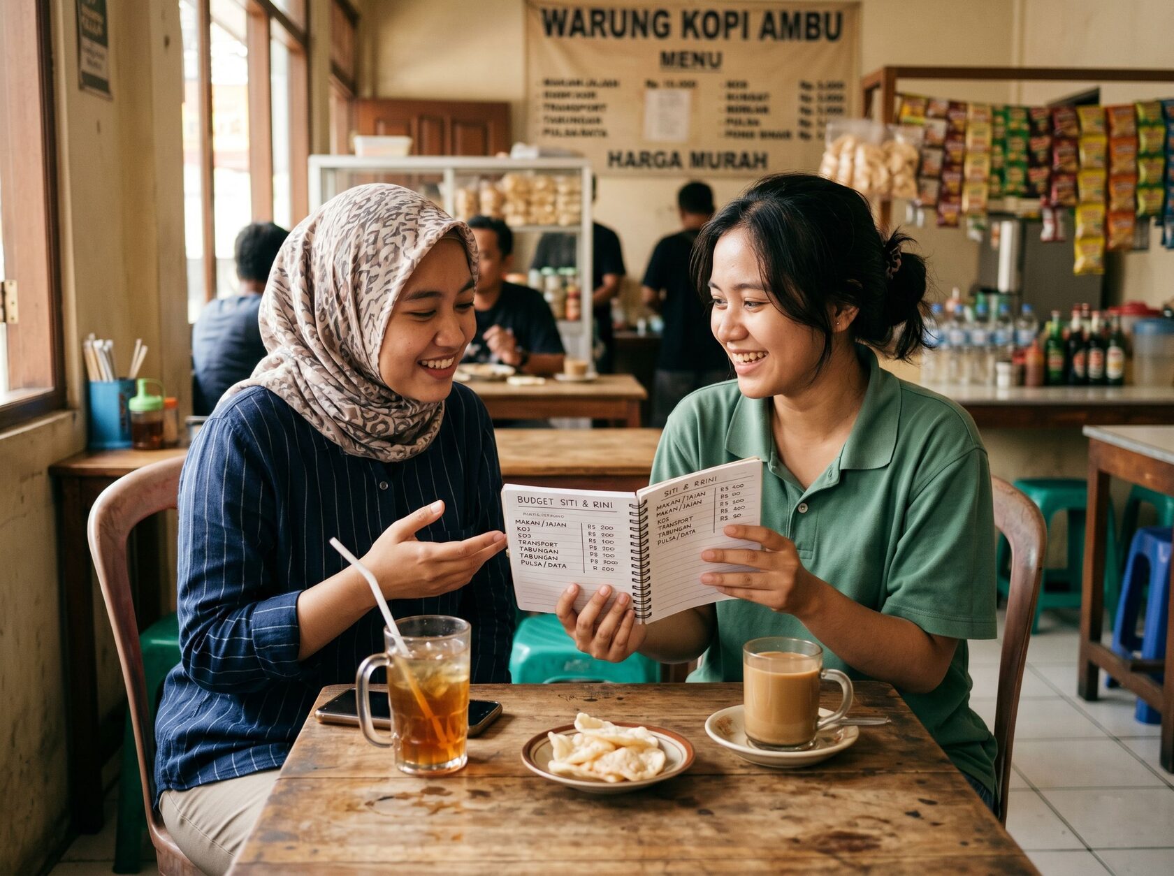anak muda indonesia berdiskusi keuangan dengan teman di kafe sederhana