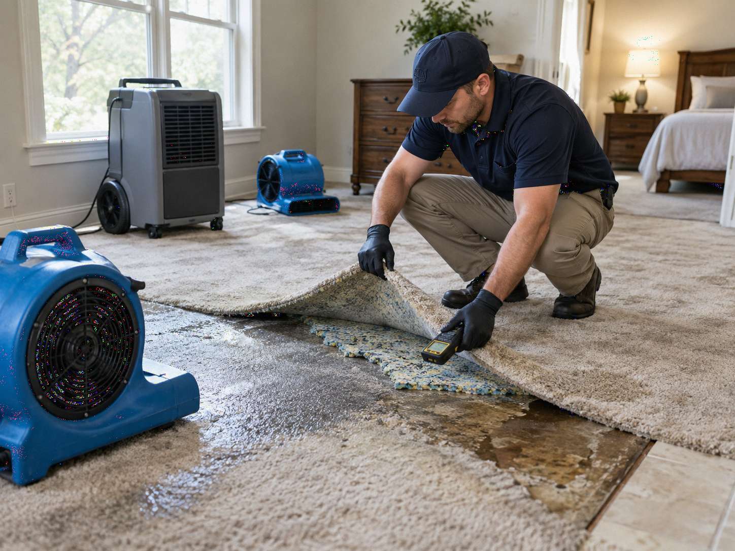 Carpet water damage inspection with wet carpet lifted to expose saturated padding and subfloor during professional carpet drying