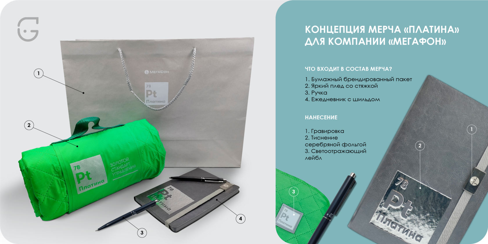 Мерч компании МегаФон - стильные аксессуары и подарки с логотипом, подчеркивающие современный имидж бренда. Бумажный пакет, яркий плед со стяжкой, ручка, ежедневник с шильдом