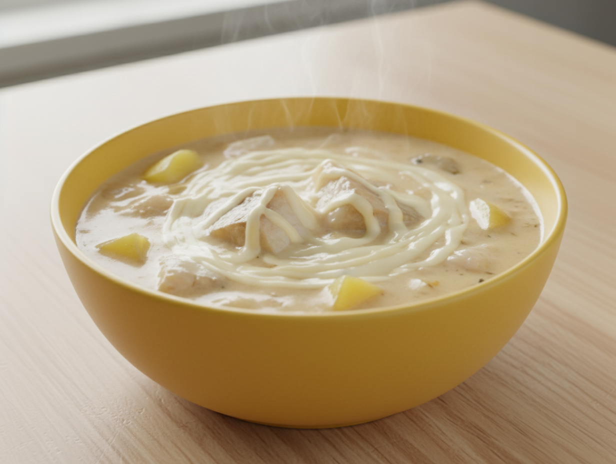 Тарелка сливочного рыбного супа с кусочками рыбы, картофеля и зеленью.