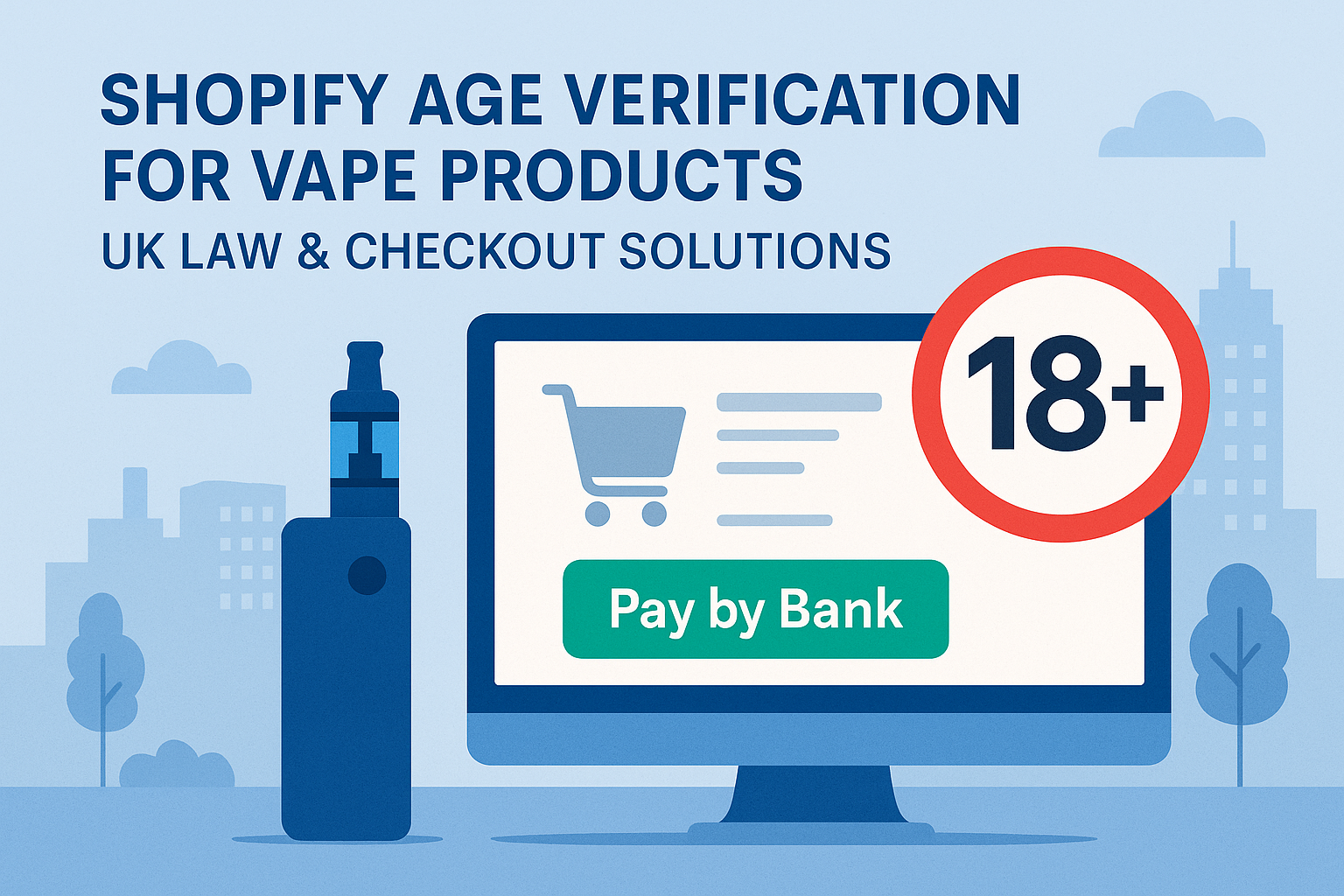 Horizontal digital illustration showing a computer screen with a “Pay by Bank” button, an “18+” age restriction symbol, and a vape device beside it — representing legal age verification for UK vape sales on Shopify using compliant Open Banking checkout so