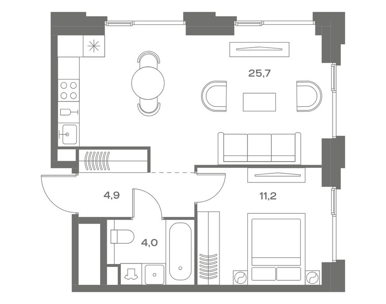 Планировка квартиры с 1 спальней 45,8 м² в ЖК Soul: корпус 7, секция 10, 7-й этаж