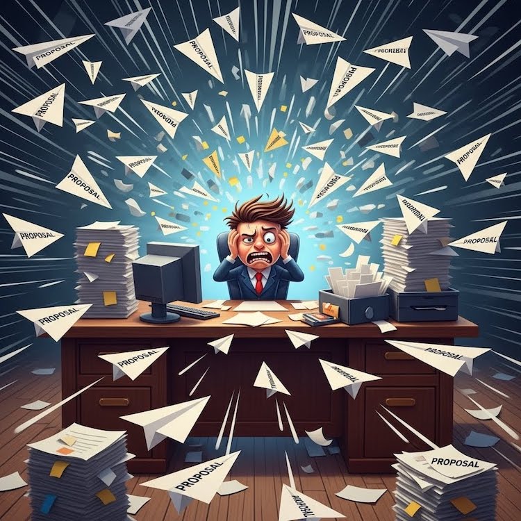 Cartoon of a procurement officer and proposals flying in towards him