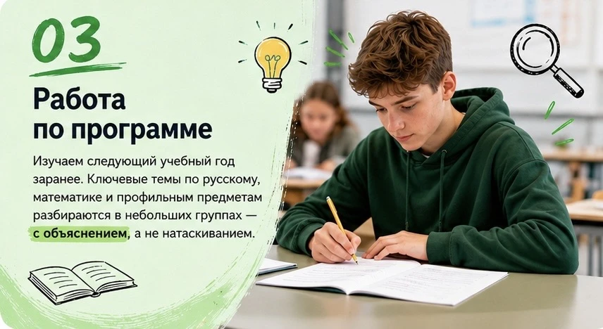 03. Работа по программе. Изучаем следующий учебный год заранее. Ключевые темы по русскому, математике и профильным предметам в небольших группах — с объяснением, а не натаскиванием.