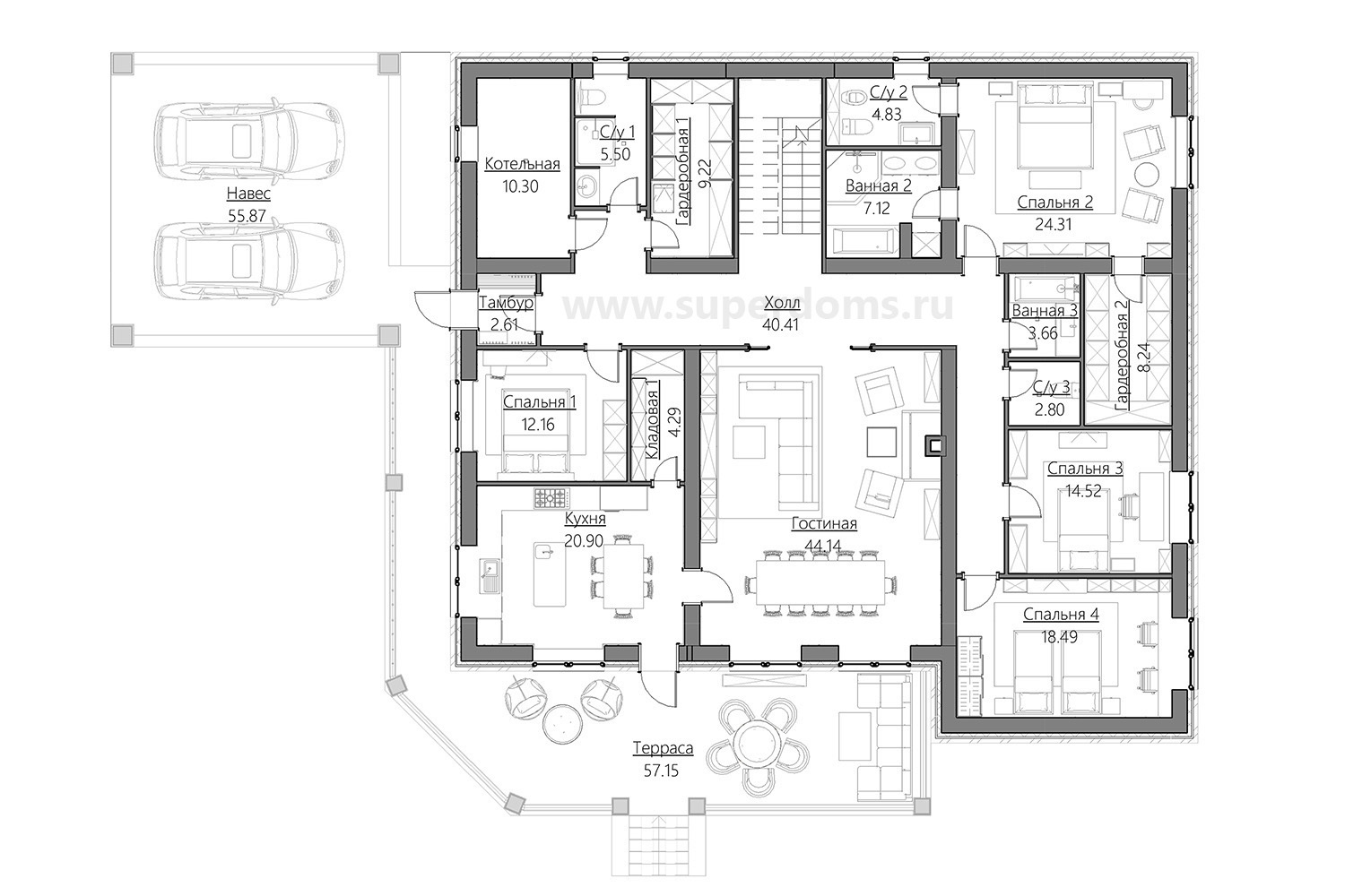 План одноэтажного дома с гардеробной