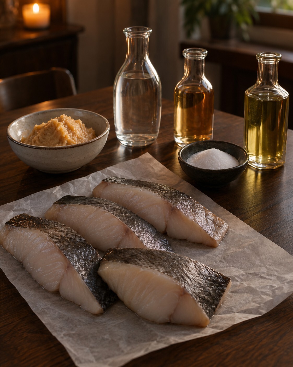 Ingredients for miso black cod: four raw skin-on black cod fillets on parchment, a bowl of white miso, sake, mirin, sugar and avocado oil on a dark wood table