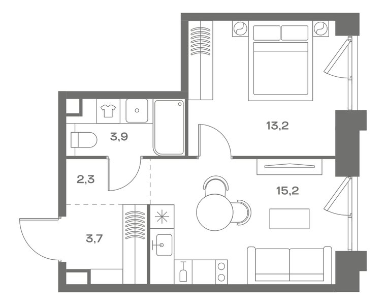 Планировка квартиры с 1 спальней 38,3 м² в ЖК Soul: корпус 8, секция 11, 16-й этаж