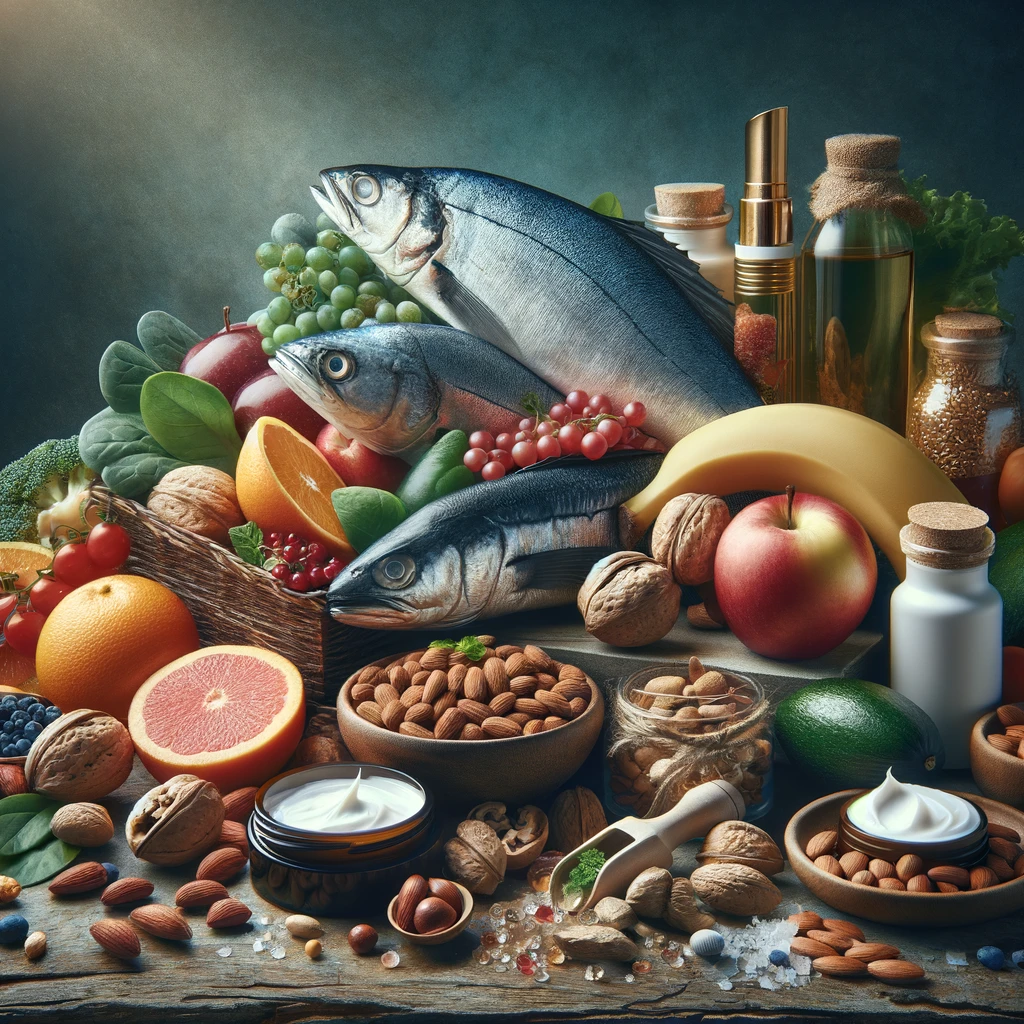 A still life composition featuring various foods rich in omega-3 fatty acids, vitamins, and minerals, such as fish, nuts, fruits, and leafy greens. Nearby, there are cosmetic products like creams and masks that contain these nutrients. The focus is on the nourishing ingredients, symbolizing skin healing and the influence of nutrition in cosmetic outcomes. The scene subtly includes hints of healthy skin, like a hand holding some of these nutritious foods, symbolizing the positive effects on skin health and aesthetics without making the skin the central element. The image is detailed, lifelike, and resonates with the theme of nutrition's impact on skin healing and cosmetic beauty.