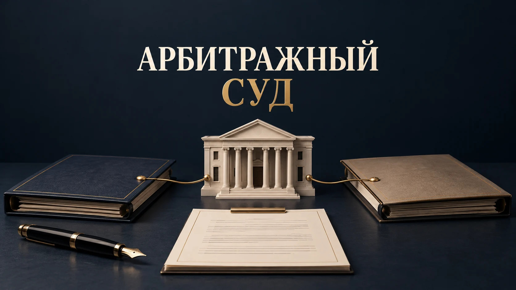 Концептуальная иллюстрация арбитражного спора: папки компаний, настольная модель суда и документ