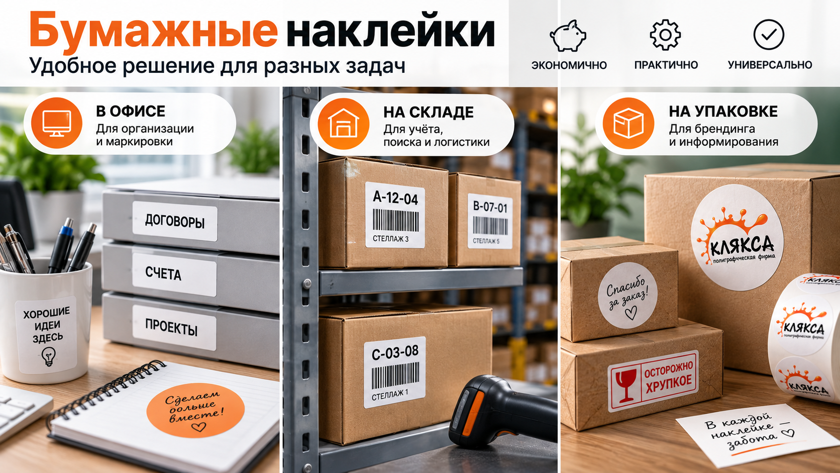 примеры использования бумажных наклеек в офисе, на складе и на упаковке