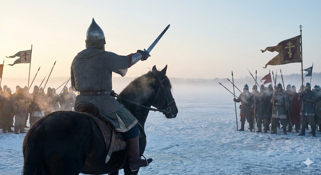Князь Александр Невский во главе русского войска на Чудском озере перед Ледовым побоищем