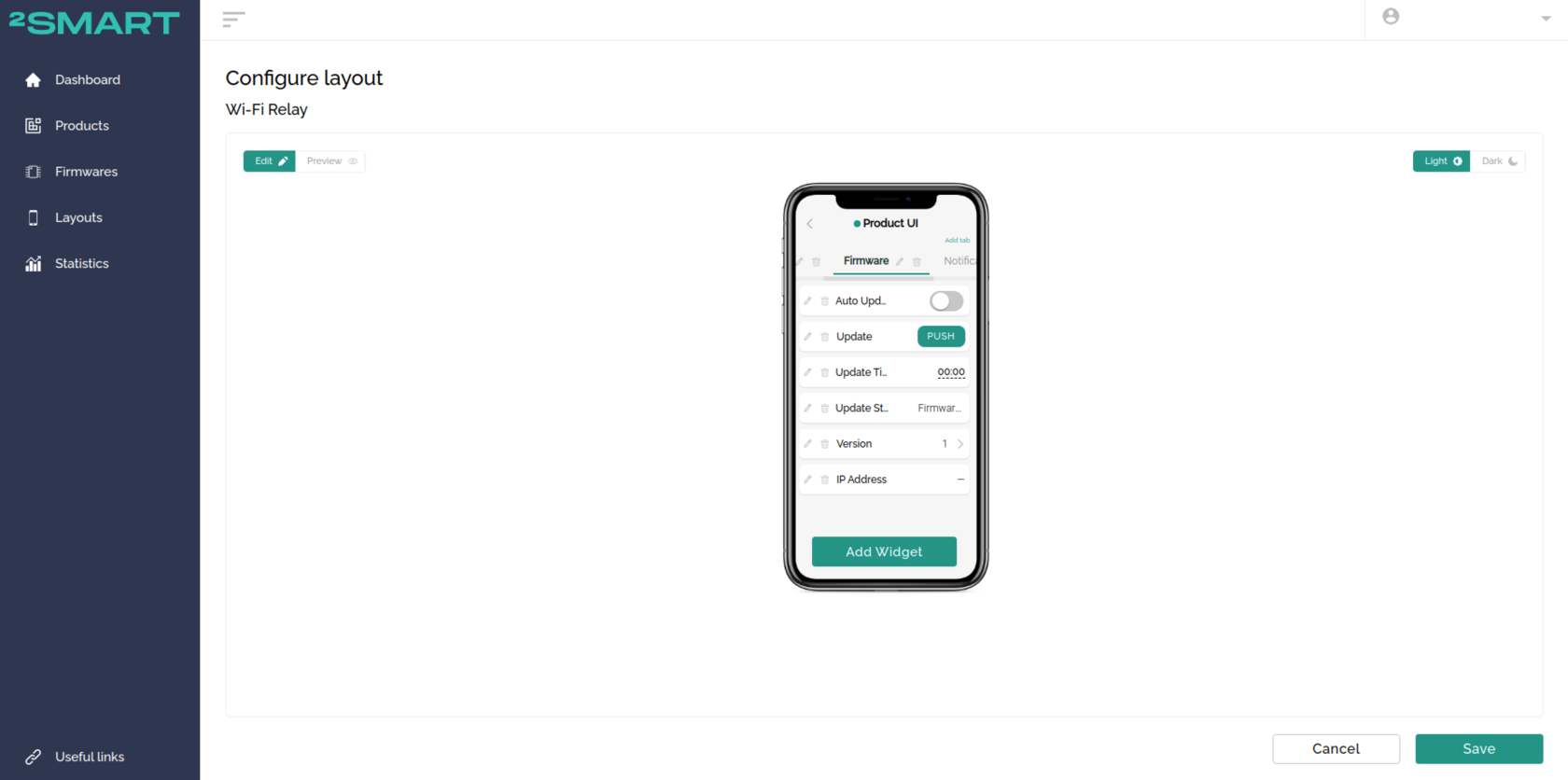Mobile application interface - Firmware tab