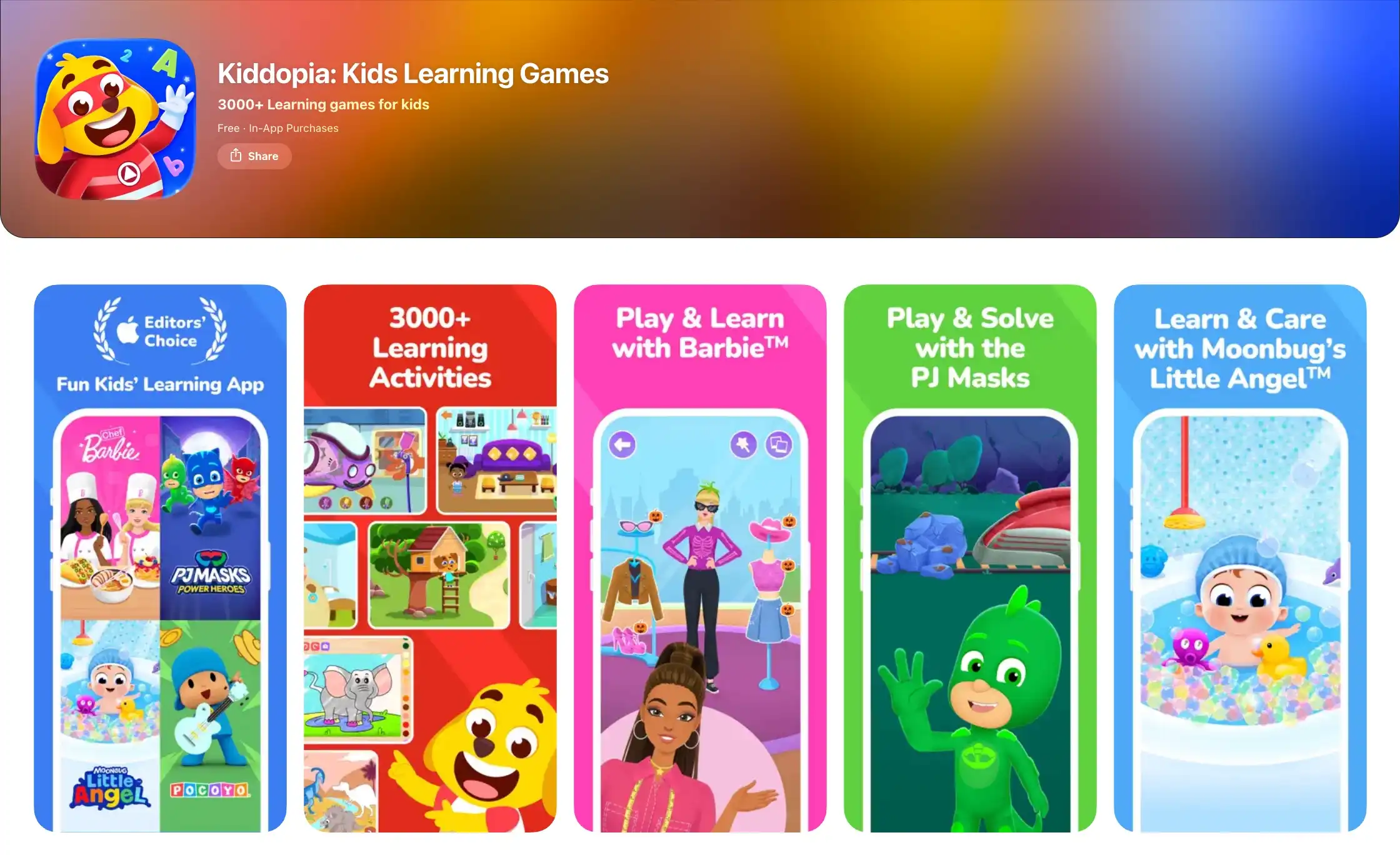 Kiddopia app interface showing variety of fast paced educational mini games