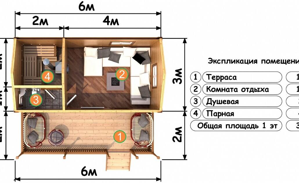 Проект бани 6х3 из бруса с террасой