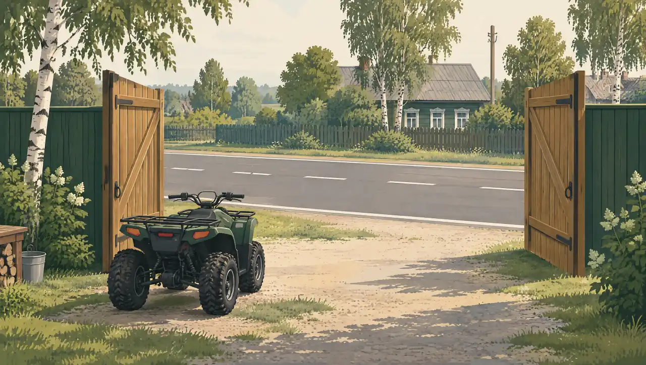 Открытые ворота сельского двора и квадроцикл у выезда на дорогу: уступить должен тот, кто выезжает со двора