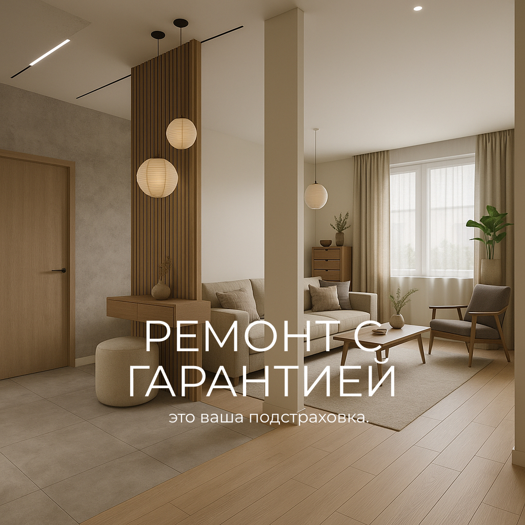 Интерьер светлой гостиной в стиле минимализм с мягкой бежевой мебелью, деревянными элементами и декоративной перегородкой с подвесными светильниками. В комнате — диван, кресло, столик и зелёное растение у окна. Текст на изображении: «Ремонт с гарантией —
