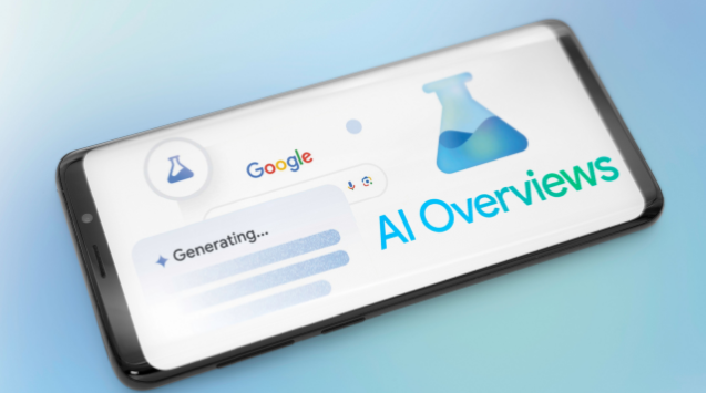 Смартфон с визуализацией Google AI Overviews и AI ответы в поиске