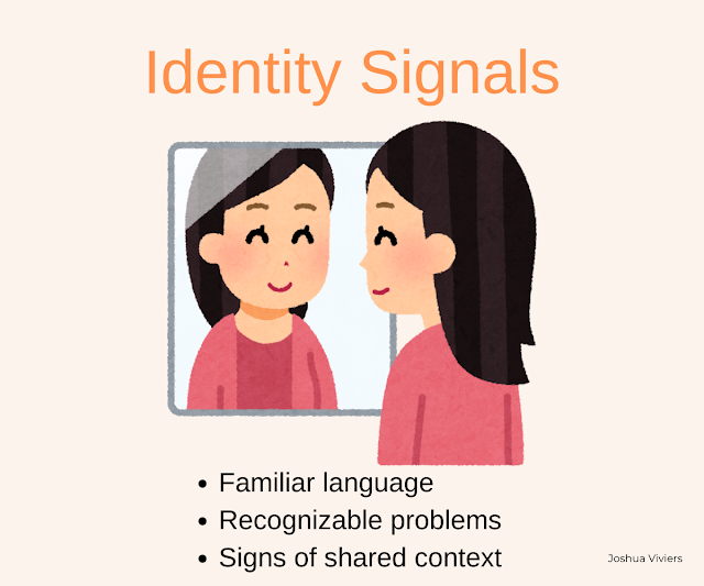 Illustration of a person looking into a mirror representing identity signals in marketing, including familiar language, recognizable problems, and shared context between a brand and its audience.