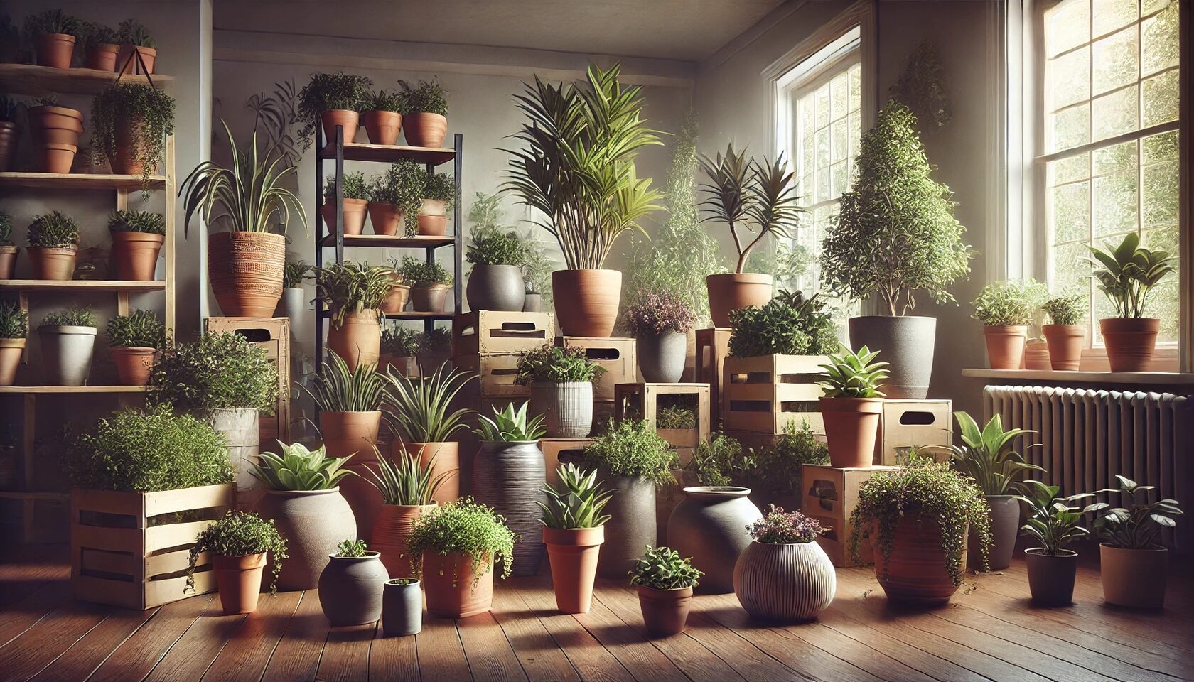 Indoor garden scene featuring various pots and plants, emphasizing container gardening for winter, with diverse pot materials, sizes, and shapes suitable for herbs and vegetables.