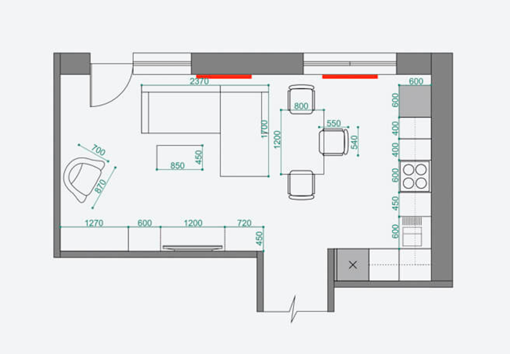 Планировка кухни-гостиной с площадью 24 м²