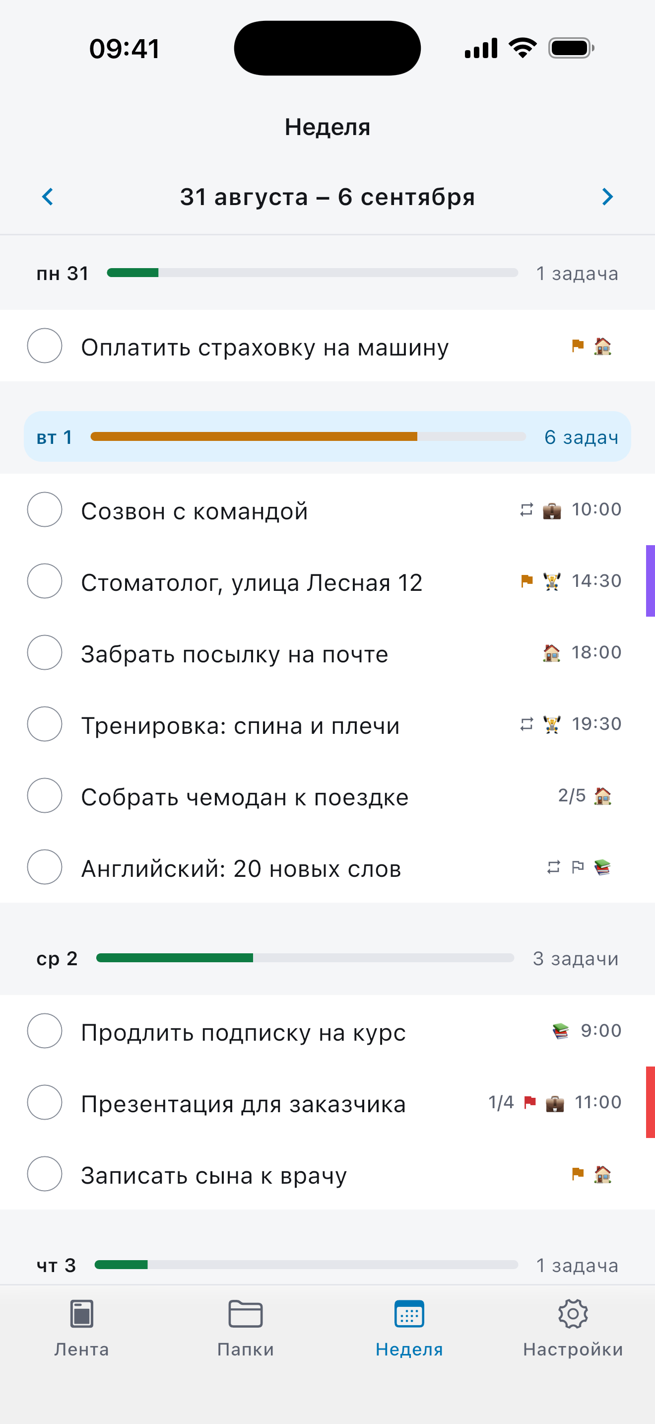 Неделя в Just Plan: нагрузка по дням