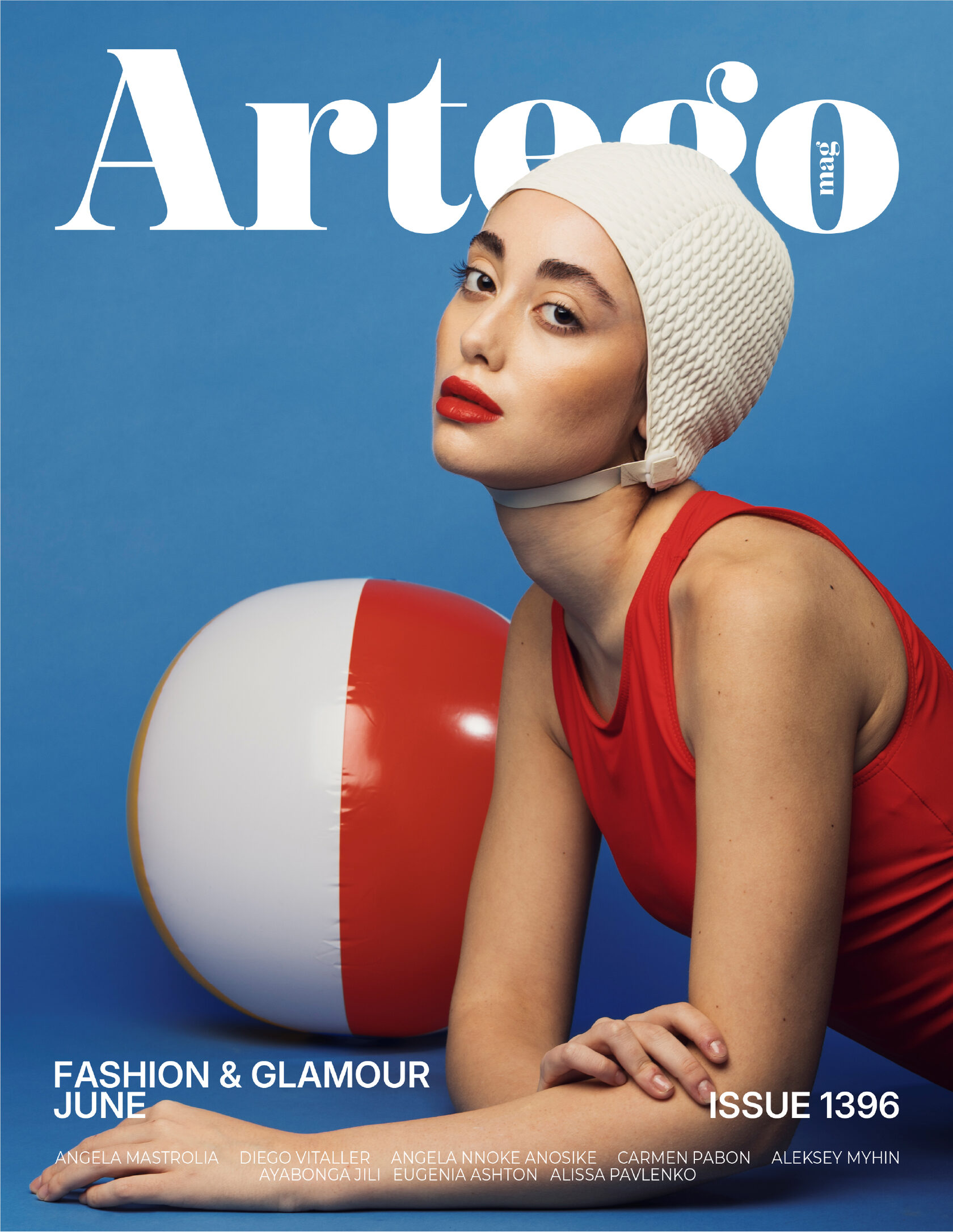Artego Magazine Fashion & Glamour Issue 1396 cover featuring a woman in red against a blue studio background with a red-and-white beach ball.