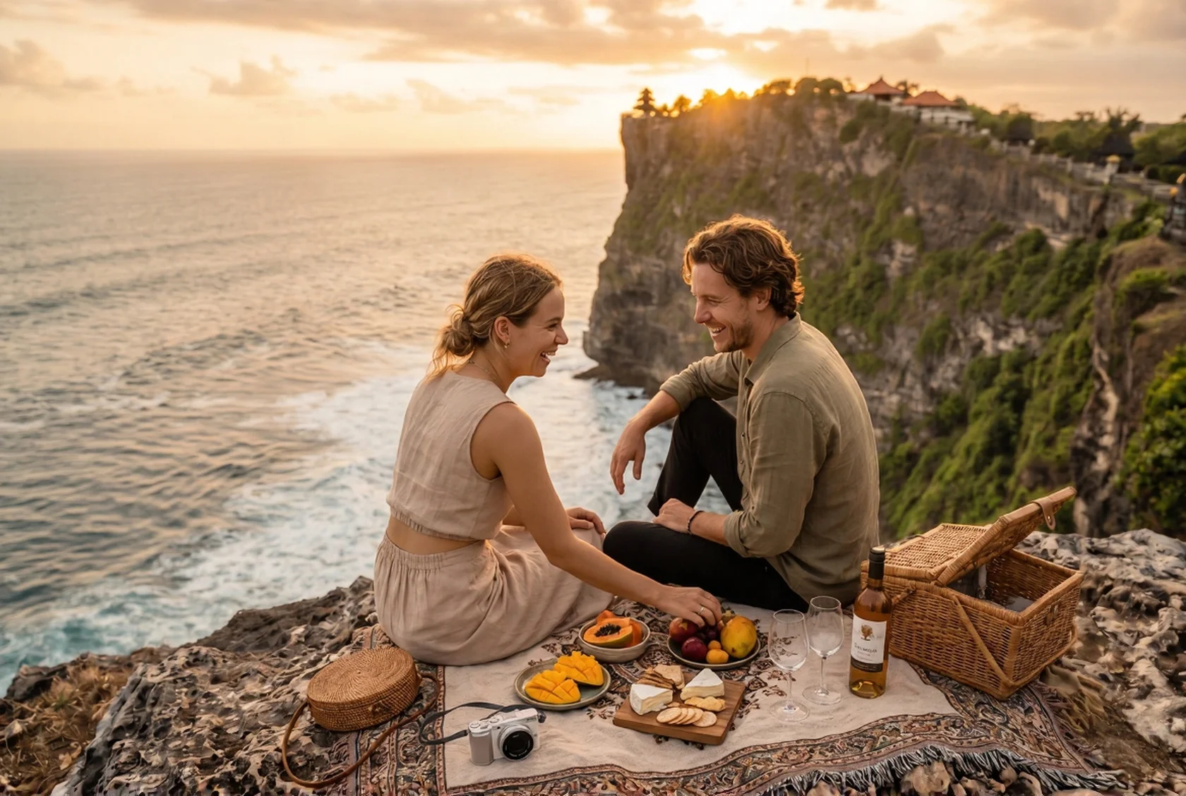A happy couple enjoying a romantic sunset picnic with a vintage camera on a scenic cliffside, showcasing the beauty of the best places in Bali for a first date.