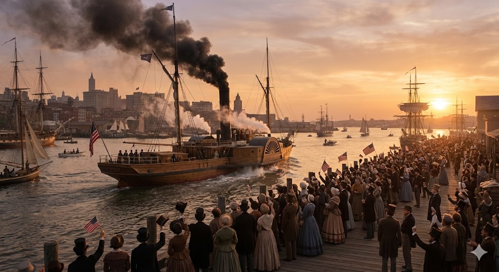 Пароход Сириус прибывает в порт Нью-Йорка 22 апреля 1838 года, выпуская клубы дыма