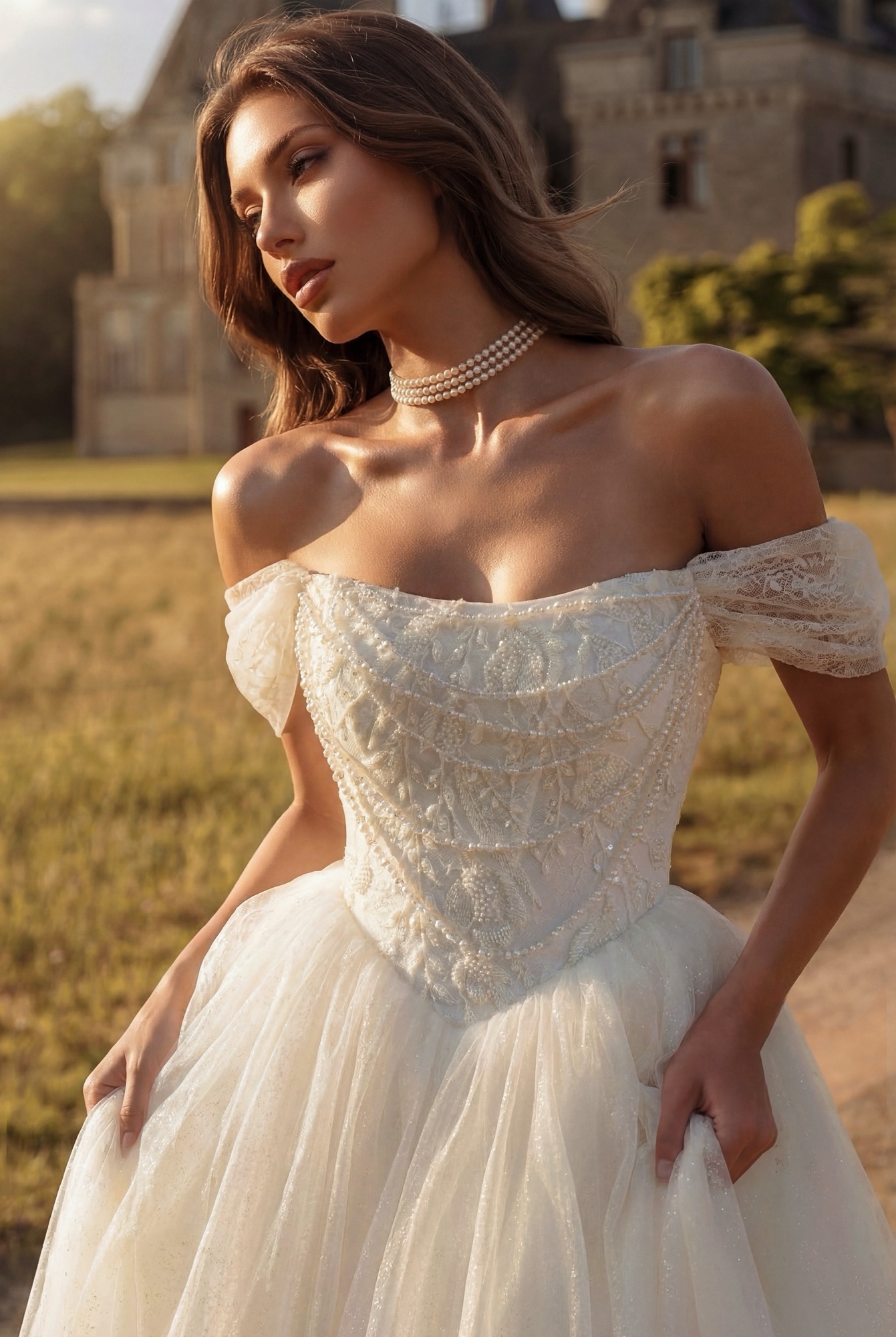 легкое свадебное платье с жемчугом