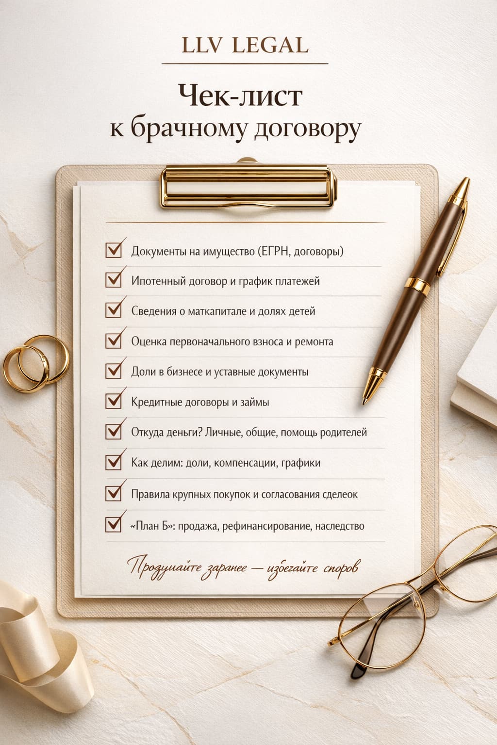 Чек-лист для брачного договора: активы, долги, ипотека, бизнес, источники средств и цели сторон